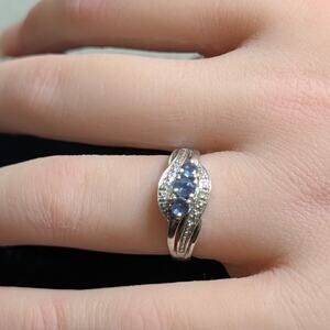 Vintage 925 Sterling Three Blue Spinel Two Diamond Ring Size Almost 6